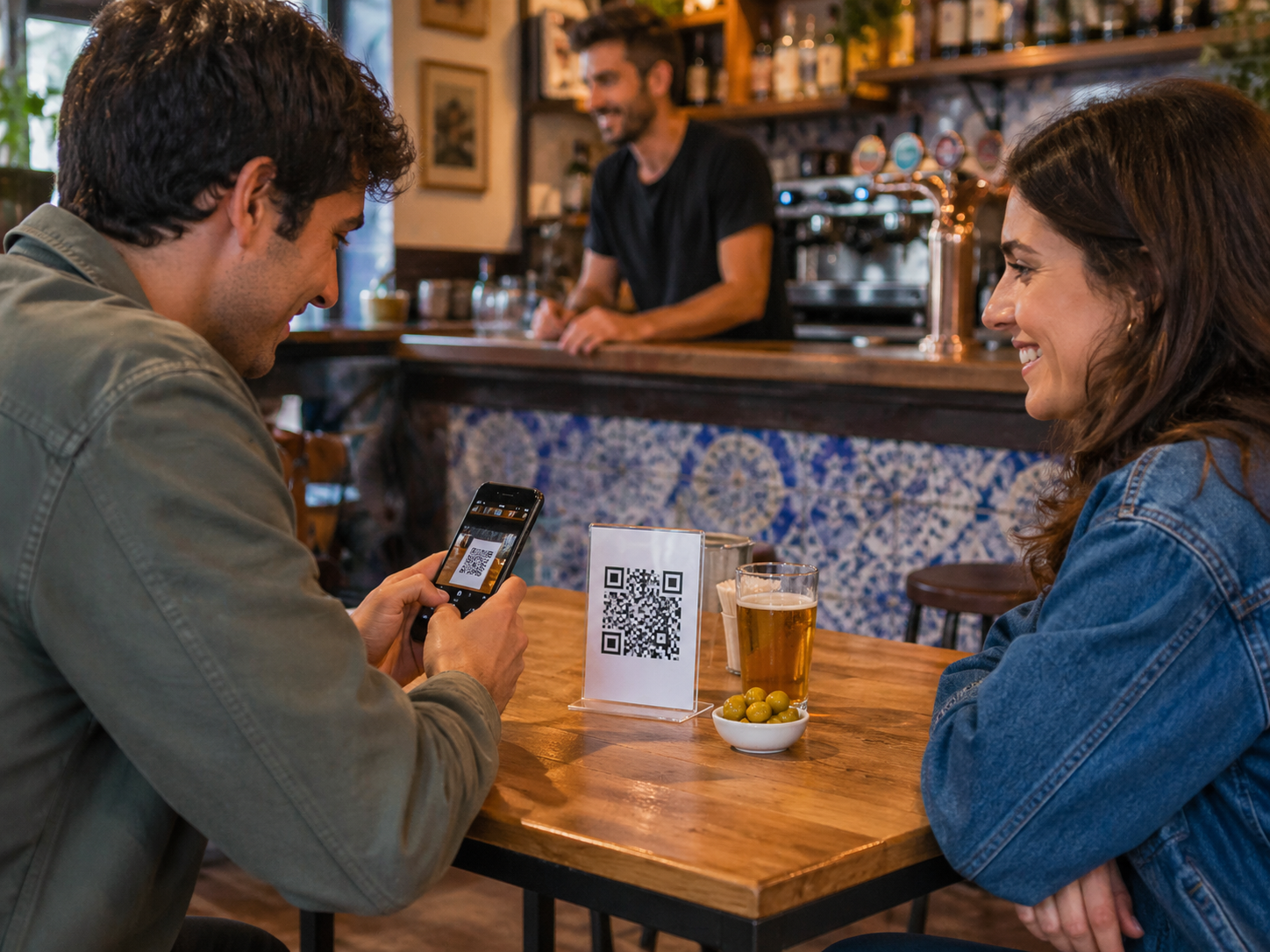 Clientes escaneando QR Eventify en un bar