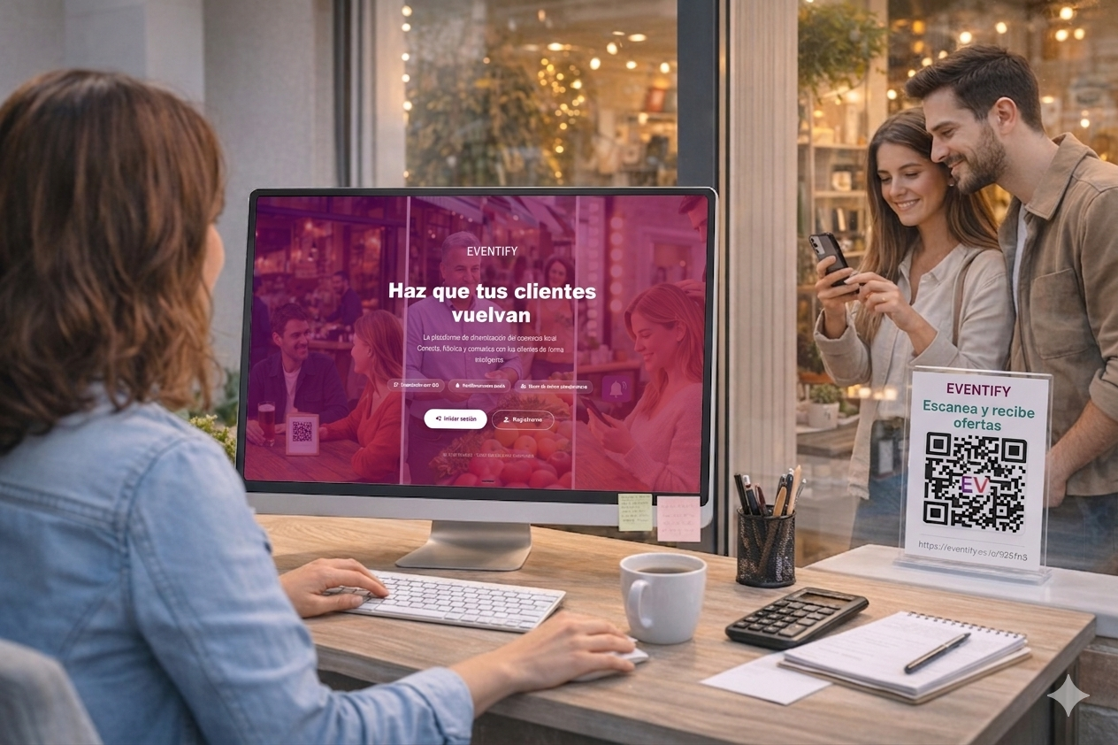 Comerciante usando el panel Eventify con cartel QR