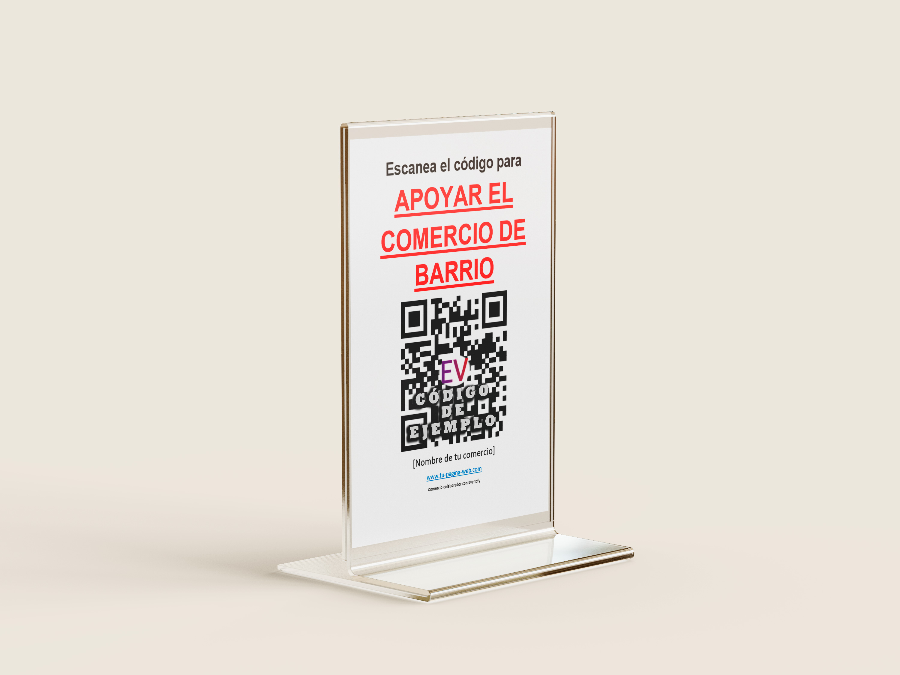 Cartel QR Eventify en soporte metacrilato